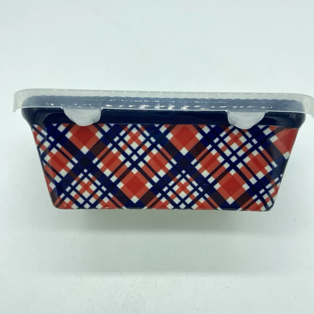 Temp-Tations By Tara‎ 12 Ounce Mini Loaf Dish Red/White/Blue Plaid With Lid